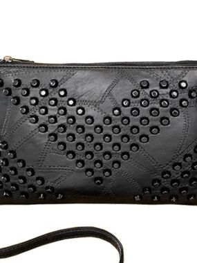 Black Studded Leather Wristlet Clutch